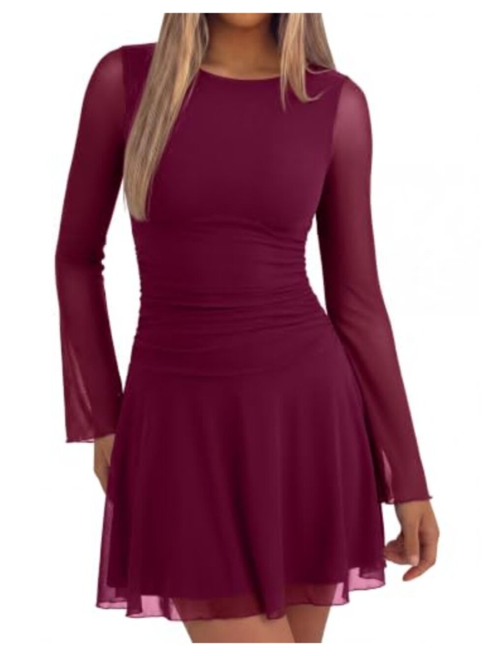 Boat Neck Sheer Mesh Ruched Long Sleeve Mini Dress